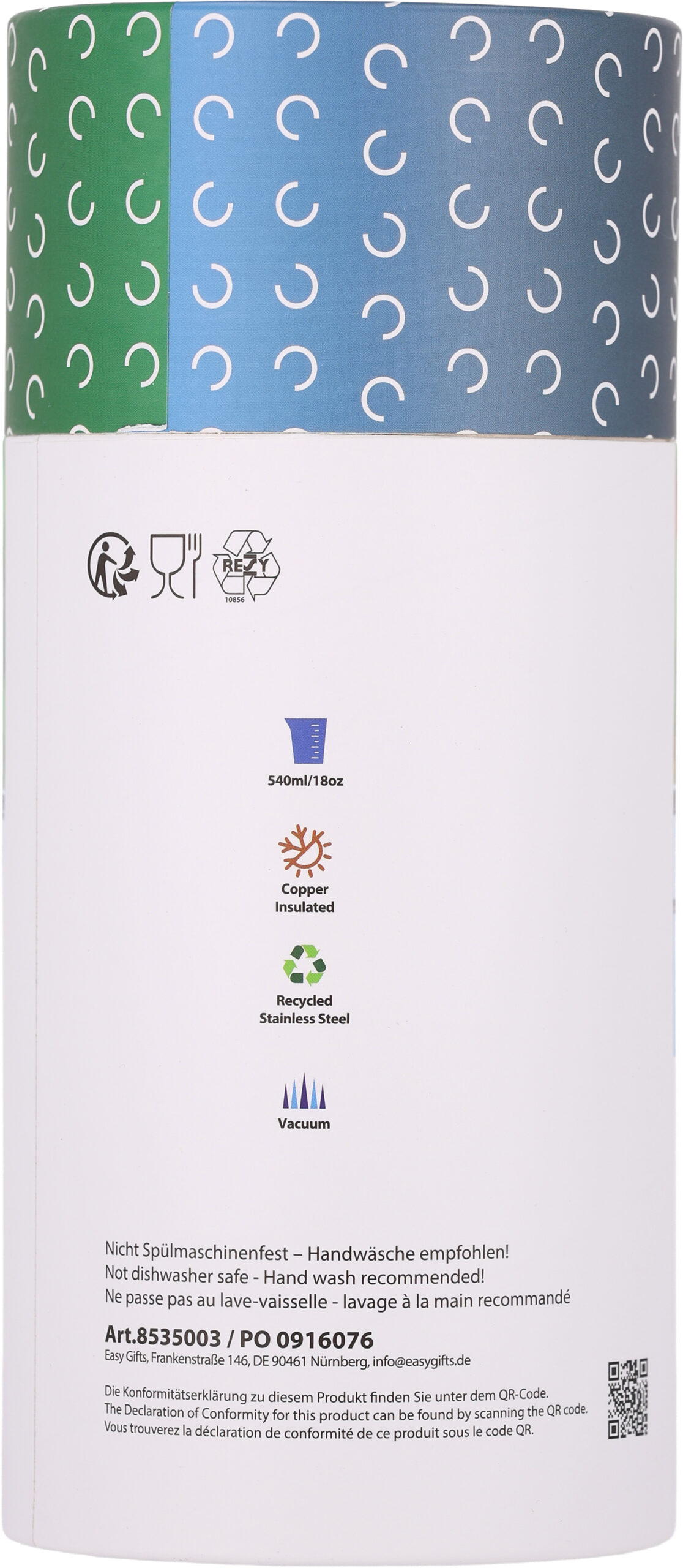 Kubek termiczny stalowy z recyklingu LA LOUVIERE MoLu 540 ml - z logo z własnym nadrukiem, kolor granatowy