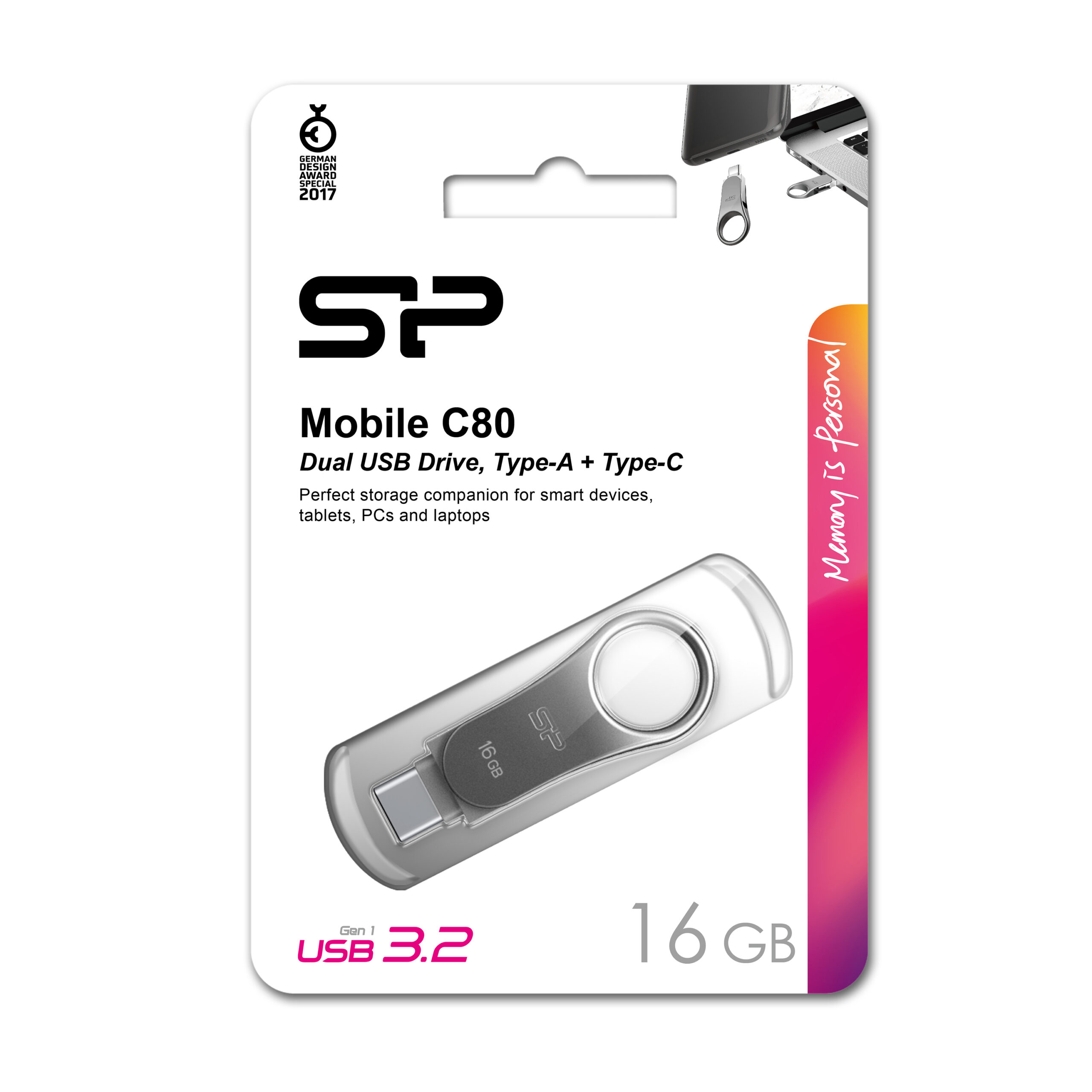 Pendrive z wejściem USB typu C Mobile C80, 16GB 3.2 Silicon Power - z logo z własnym nadrukiem, kolor szary