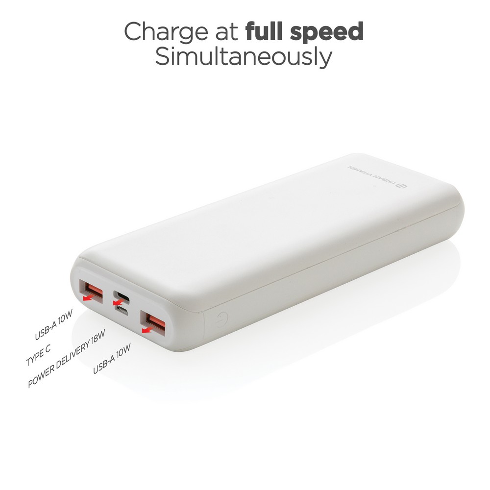Szybki power bank 20000 mAh Urban Vitamin z własnym nadrukiem, kolor biały